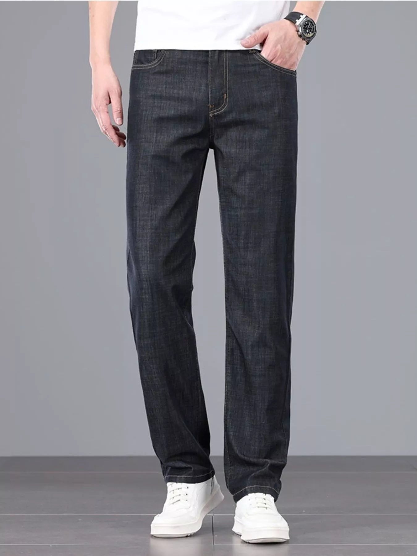 Comfortable men's straight leg jeans front view