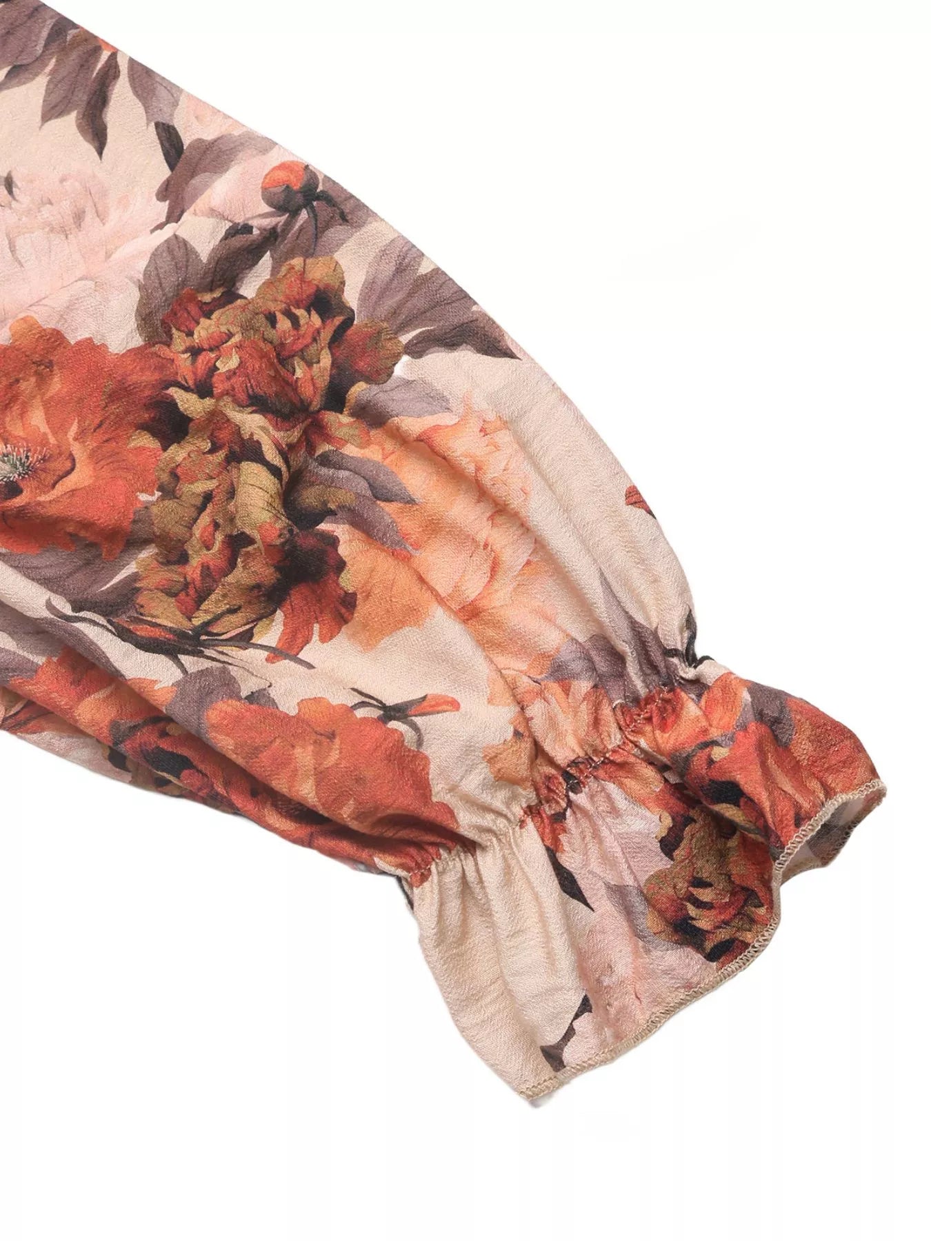 Smocked Floral Print Flounce Sleeve Dress model walking