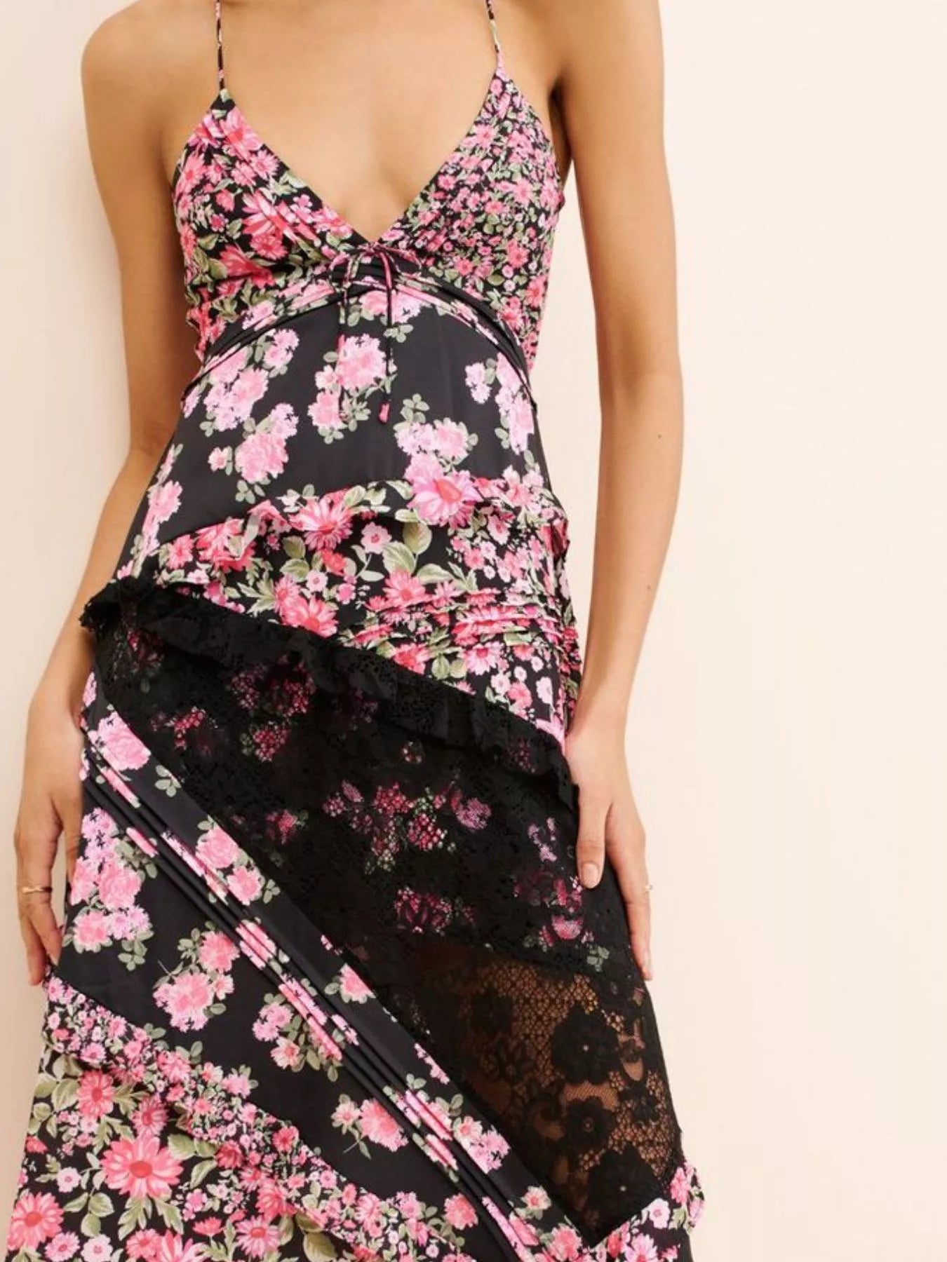 Lace detail ruffled floral v-neck maxi dress front view