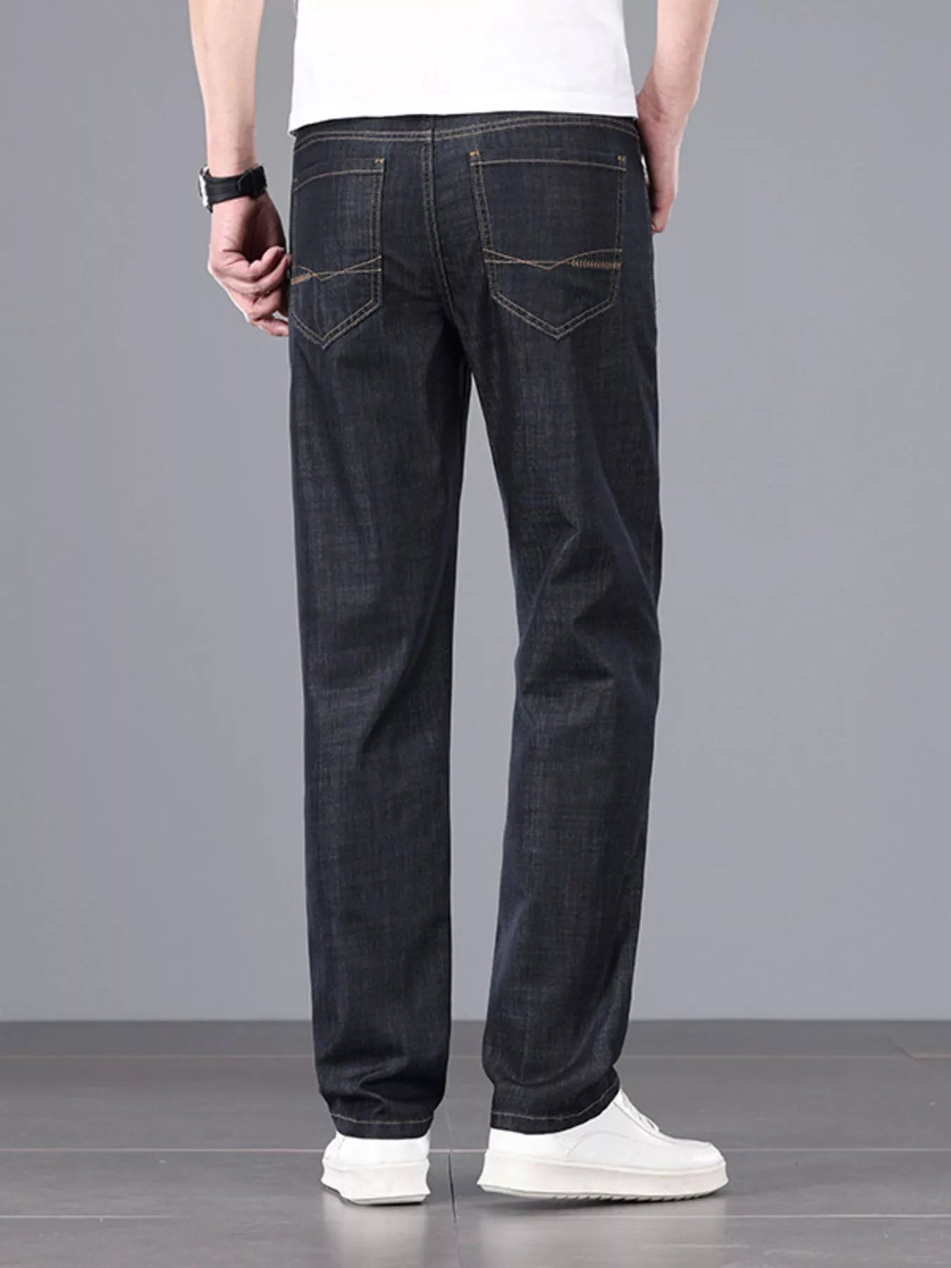 Comfortable men's straight leg jeans back view