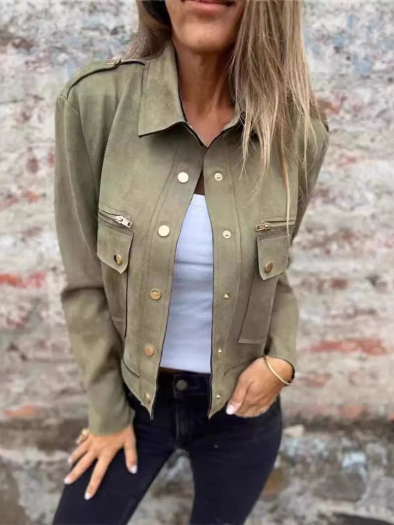 Full Size Snap Down Long Sleeve Jacket Plus Size model wearing