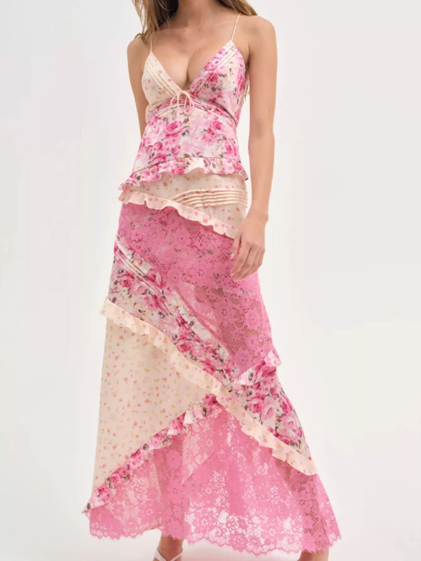 Lace detail ruffled floral v-neck maxi dress plus size option