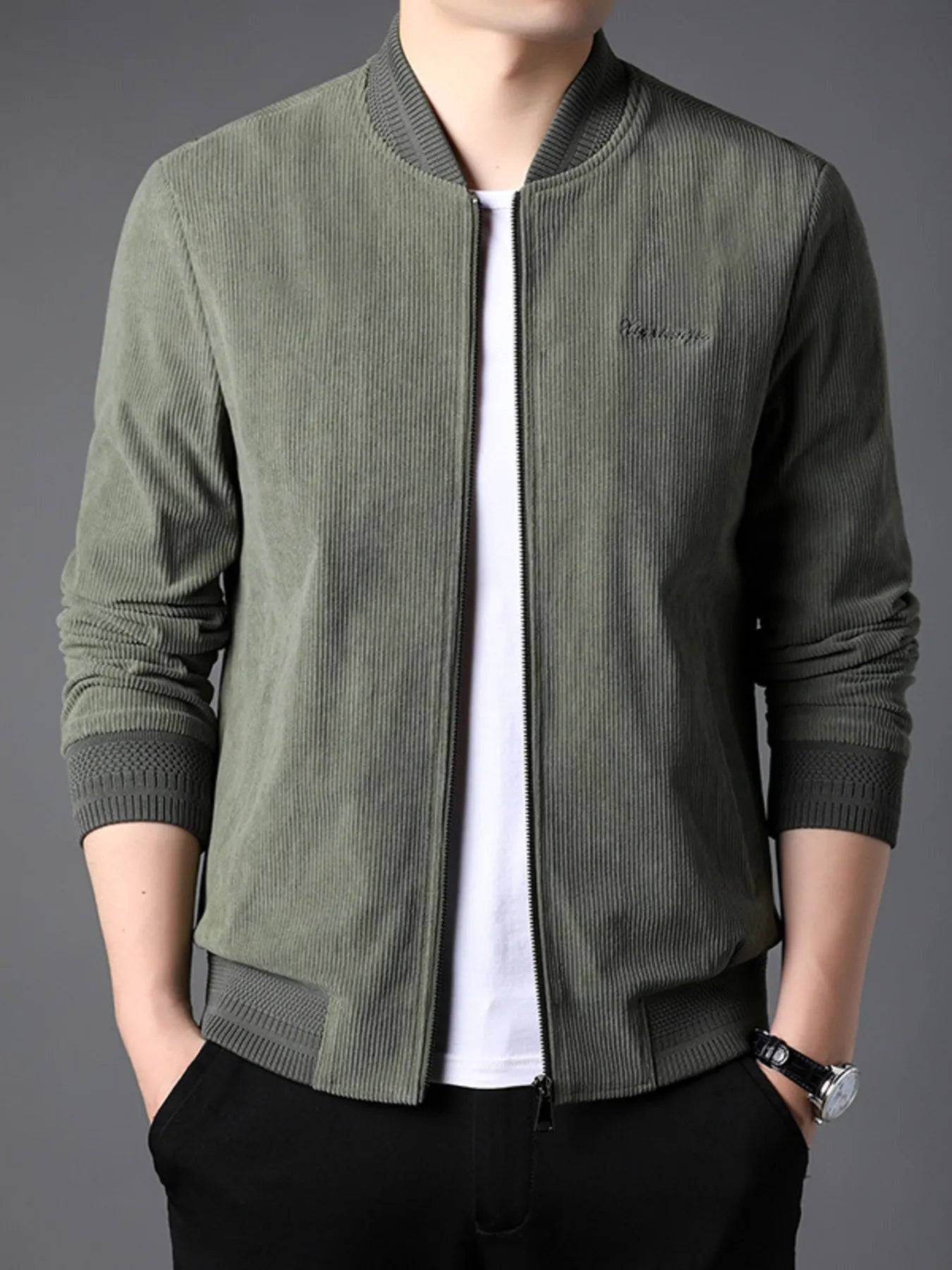 Men's zip up long sleeve jacket fabric detail