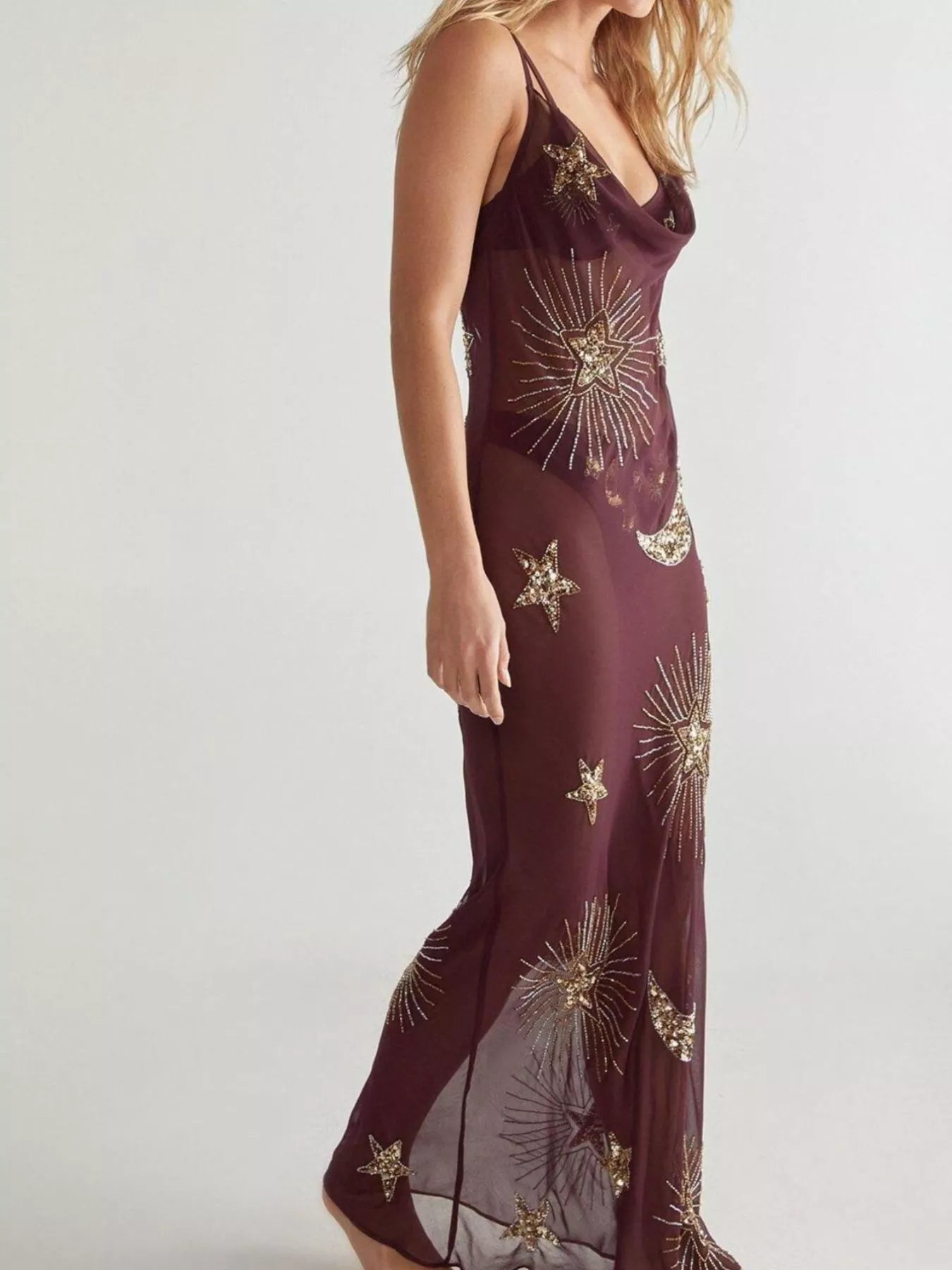 Cowl neck maxi cami dress flowy silhouette