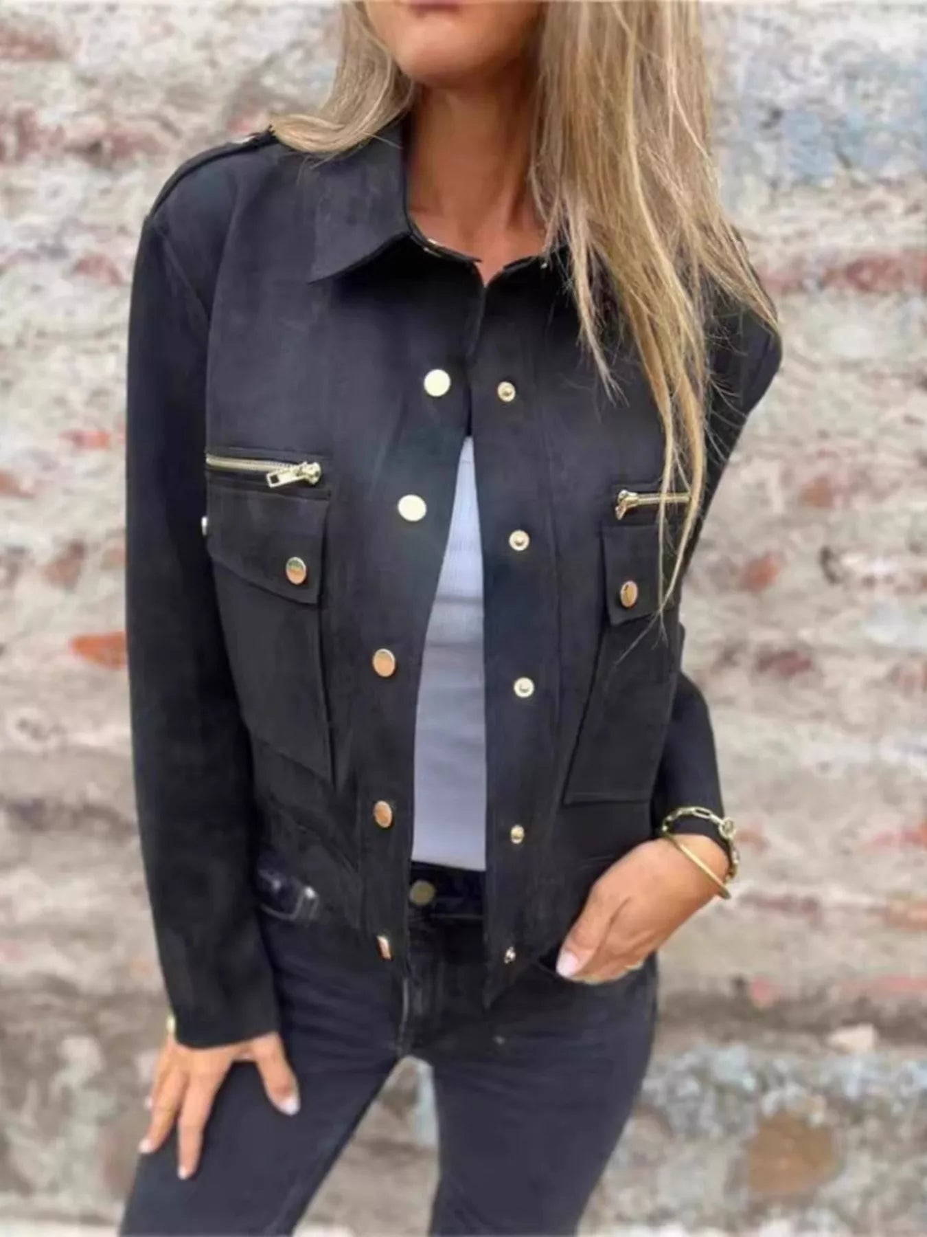 Full Size Snap Down Long Sleeve Jacket Plus Size with pockets