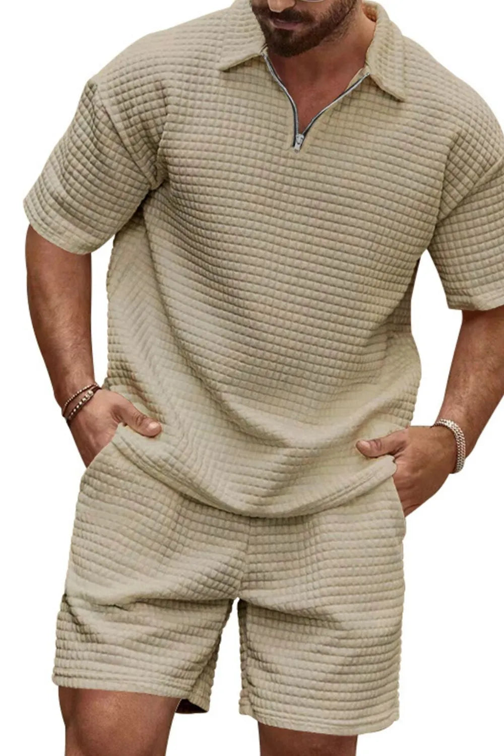 Men's zip collar short sleeve top and shorts set plus size front view
