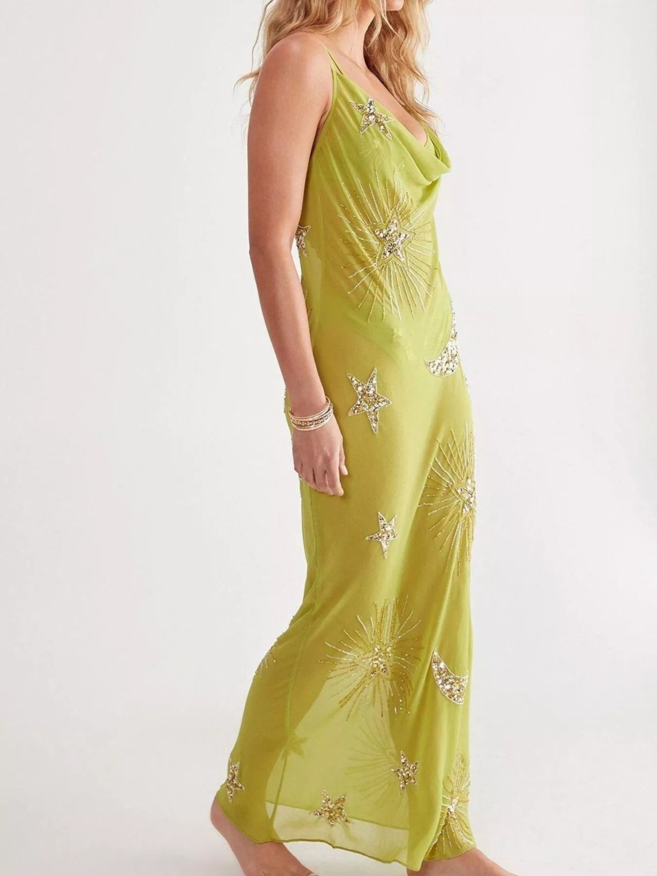 Cowl neck maxi cami dress side view