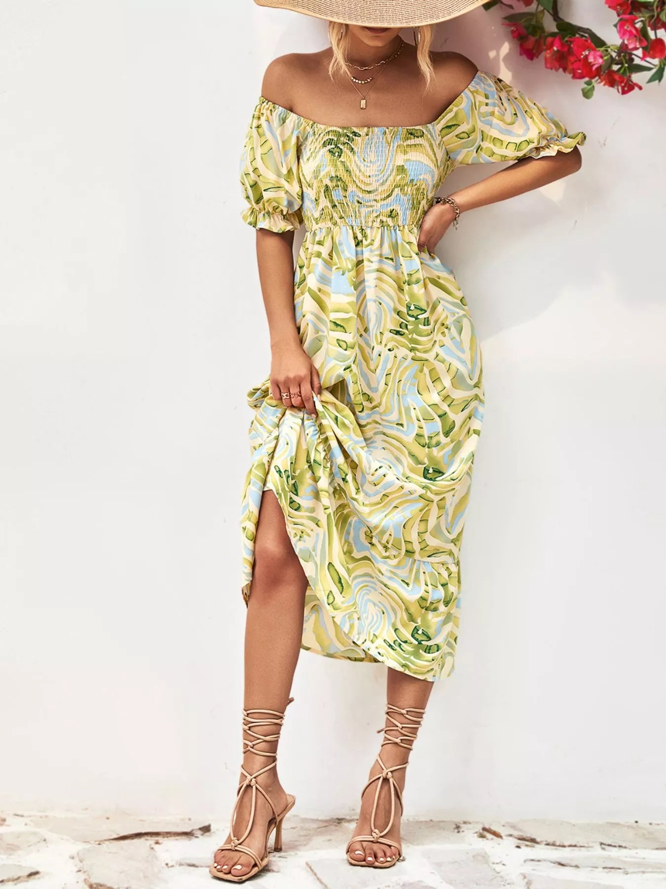 Smocked printed puff sleeve midi dress puff sleeve detail