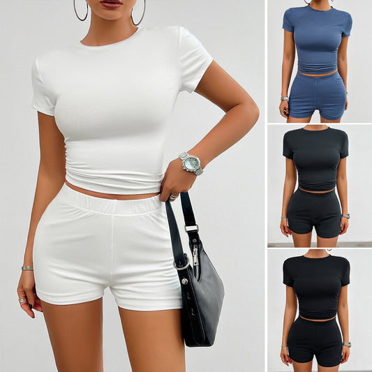 Women's Solid Color Slim Sports Suit Summer 2Pcs