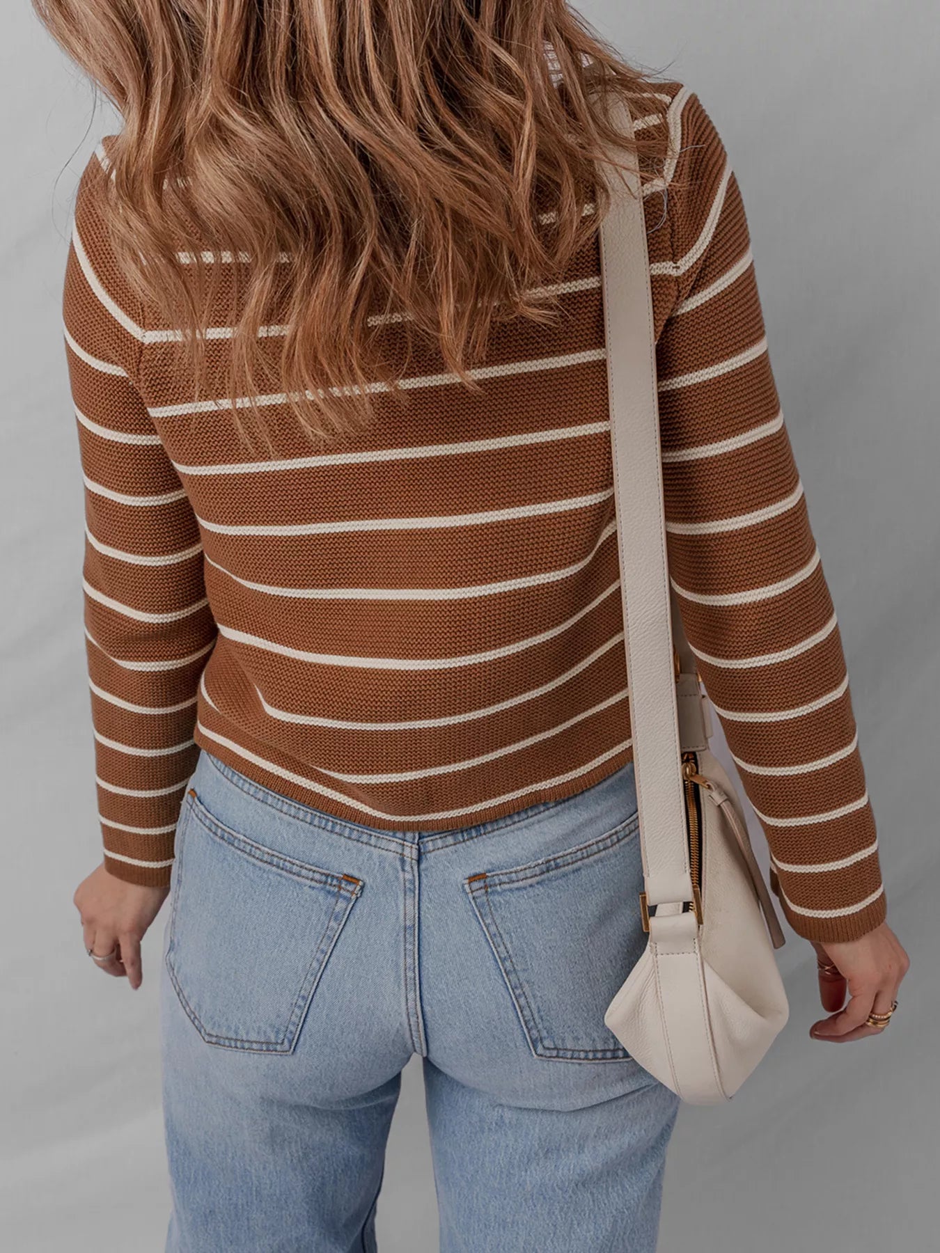 Tie Front Striped Knit V Neck Cardigan back view