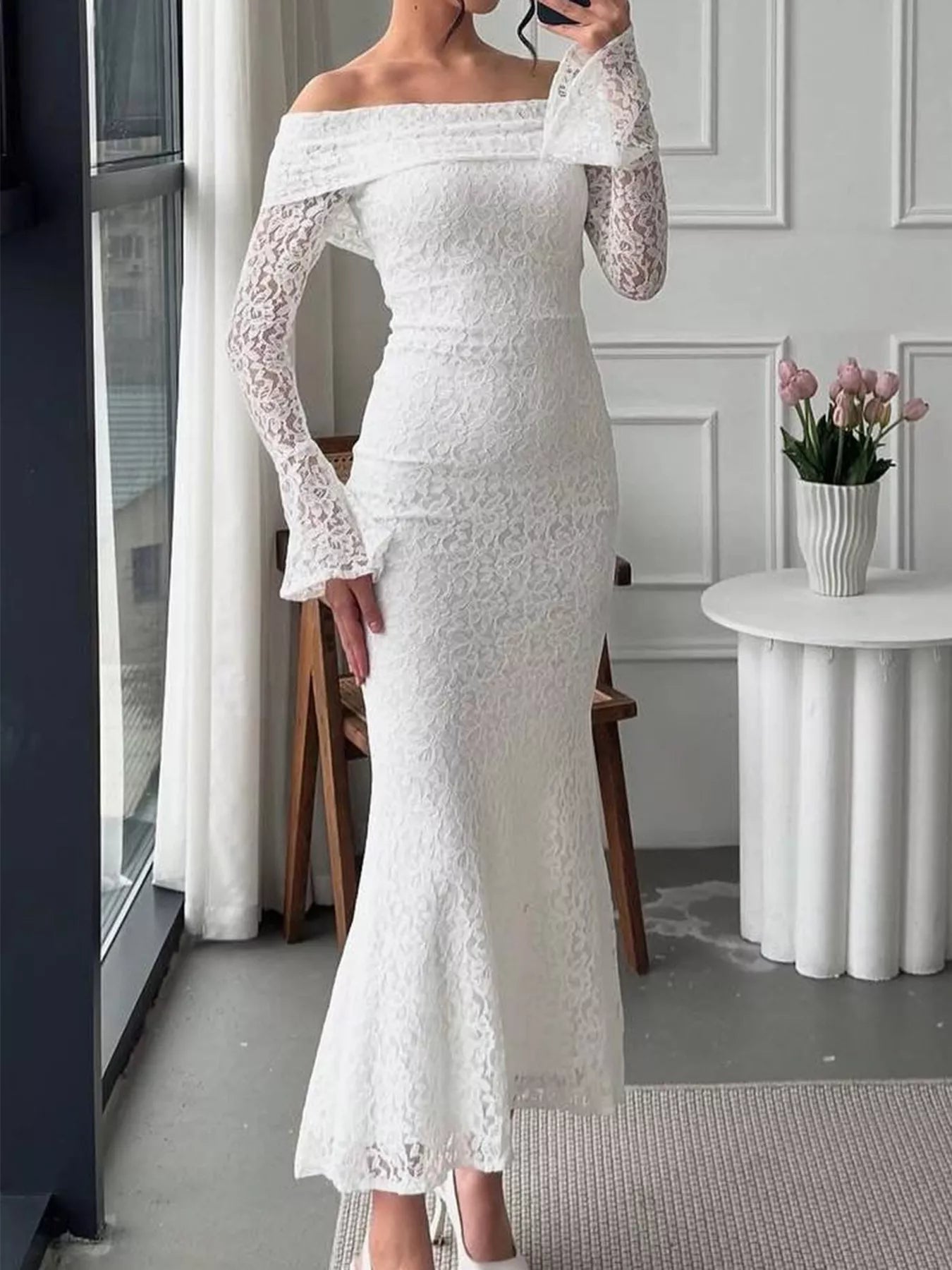 Off-shoulder lace bodycon maxi dress front view