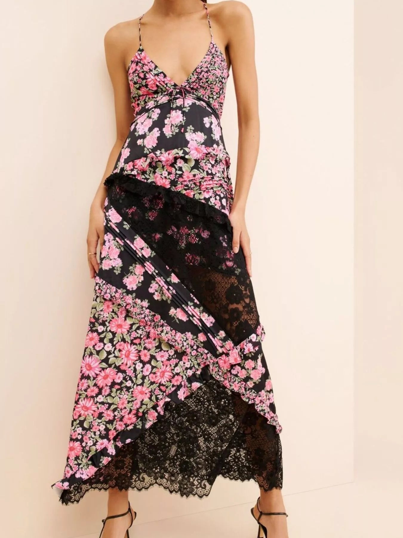 Lace detail ruffled floral v-neck maxi dress side view