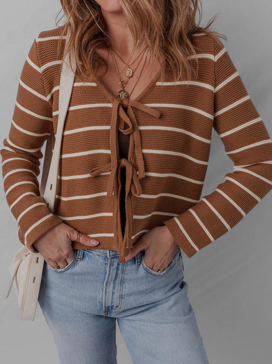 Tie Front Striped Knit V Neck Cardigan front view