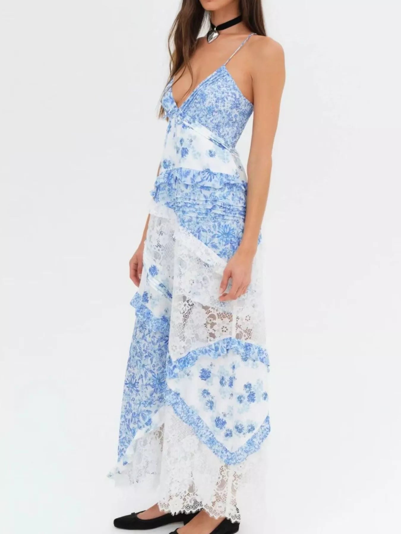 Lace detail ruffled floral v-neck maxi dress floral print design
