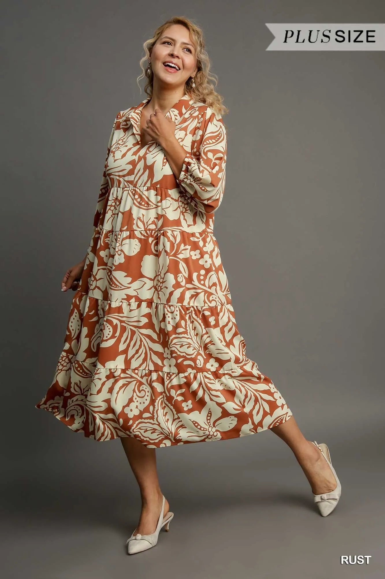 Umgee Full Size Floral Tiered Midi Shirt Dress Plus Size side view