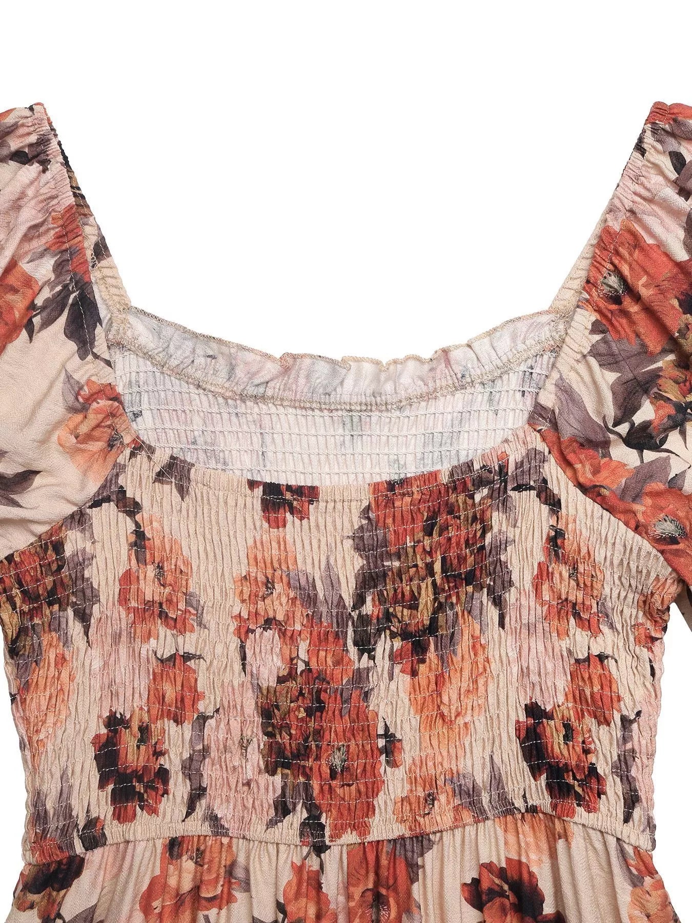 Smocked Floral Print Flounce Sleeve Dress on hanger