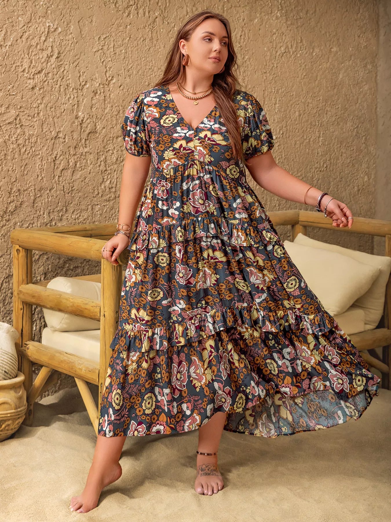 Plus size v-neck short sleeve midi dress front view