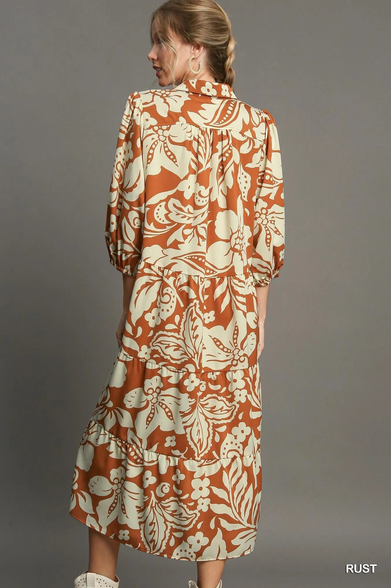 Umgee Full Size Floral Tiered Midi Shirt Dress Plus Size back view