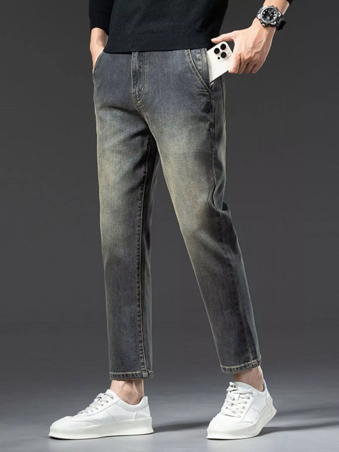 Vintage wash jeans for men side profile classic fit