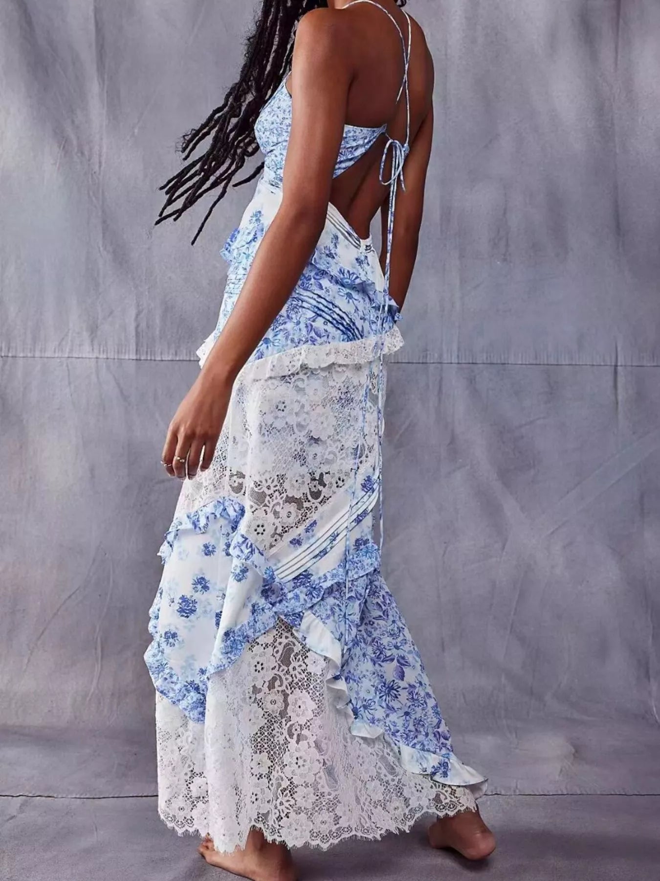 Lace detail ruffled floral v-neck maxi dress model wearing