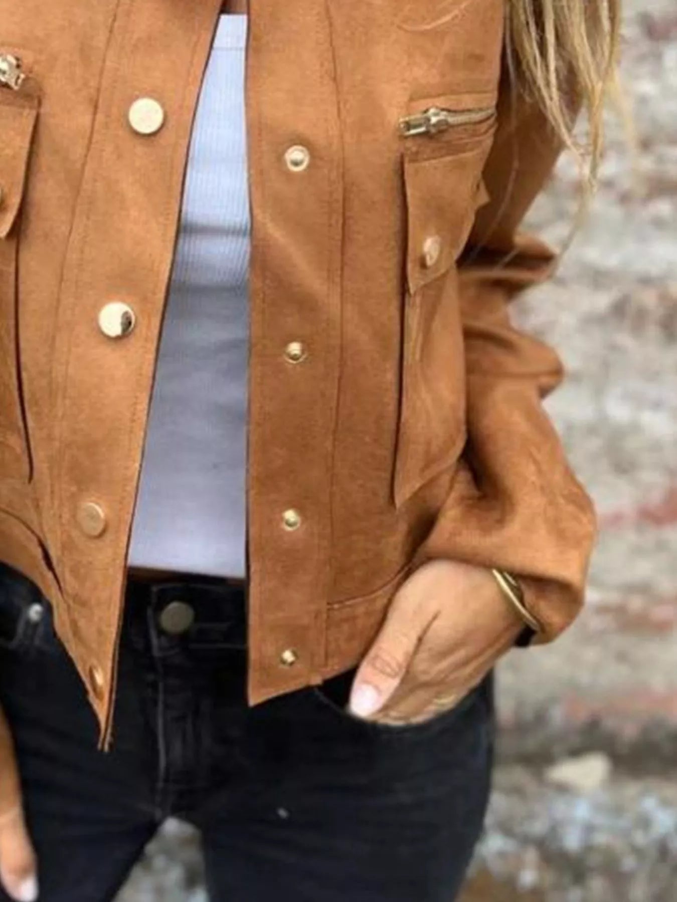 Full Size Snap Down Long Sleeve Jacket Plus Size lifestyle look