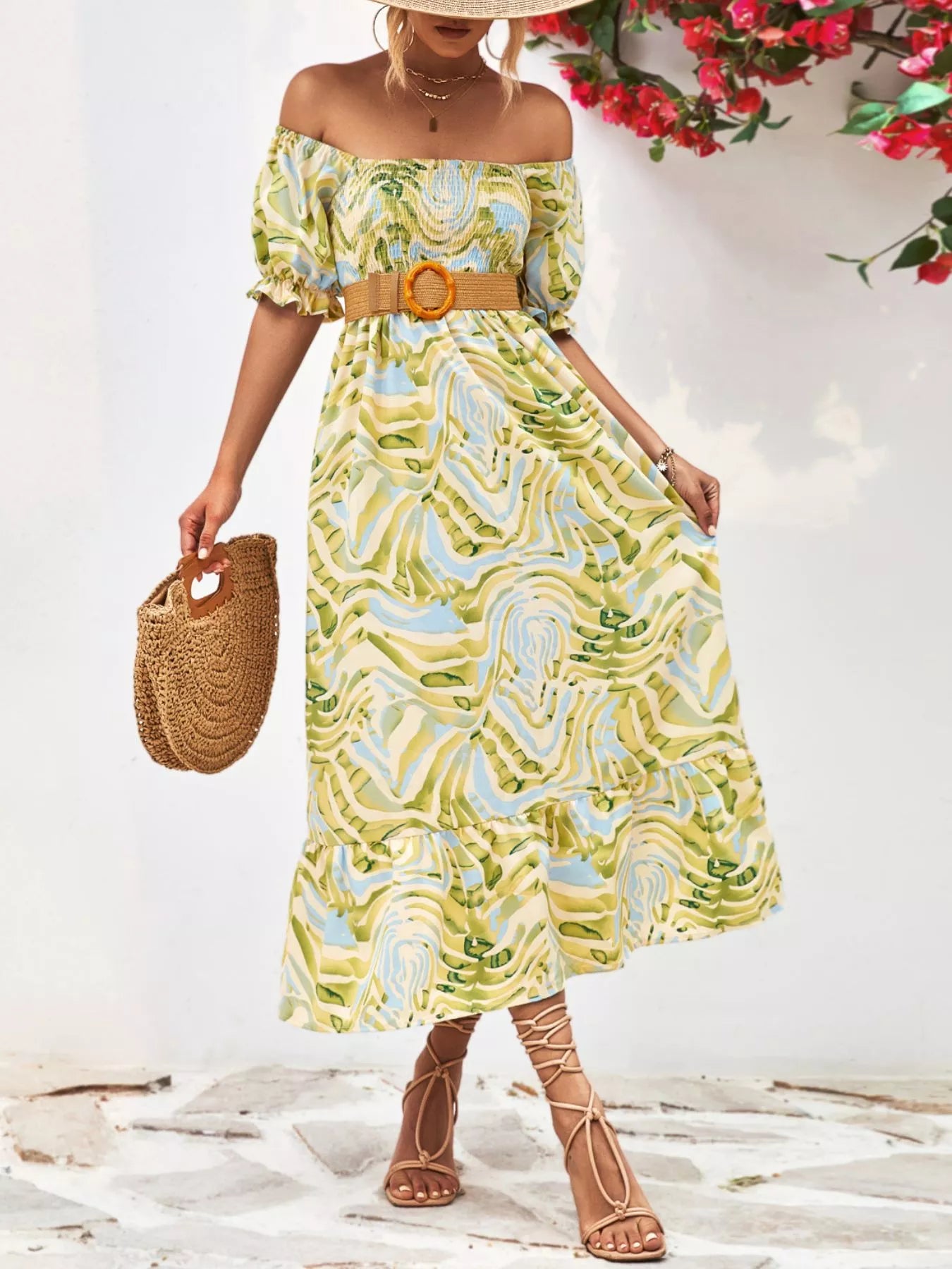 Smocked printed puff sleeve midi dress front view