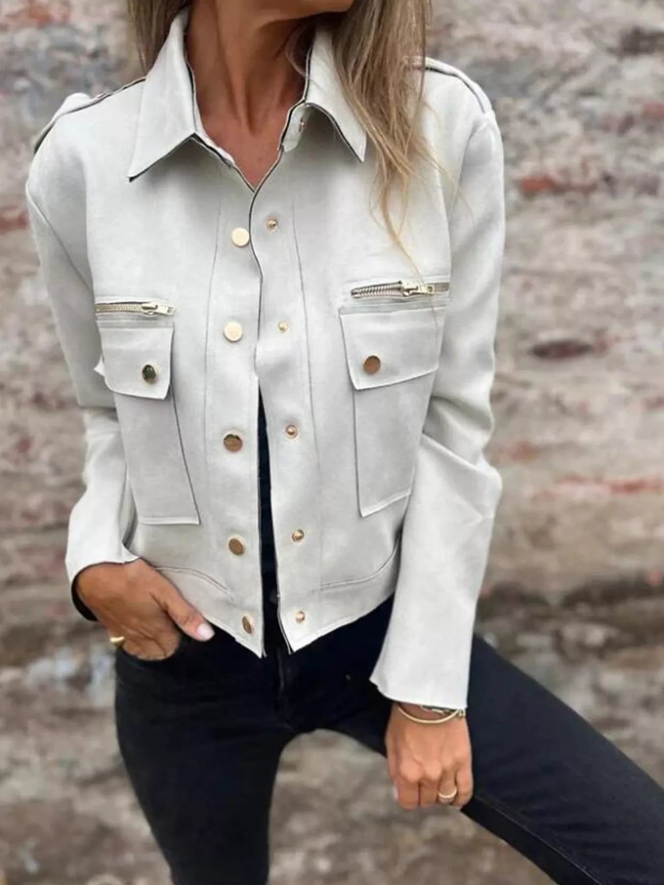 Full Size Snap Down Long Sleeve Jacket Plus Size casual outfit style