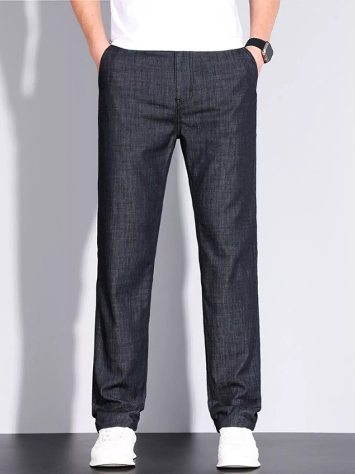 Men’s denim straight leg jeans front view