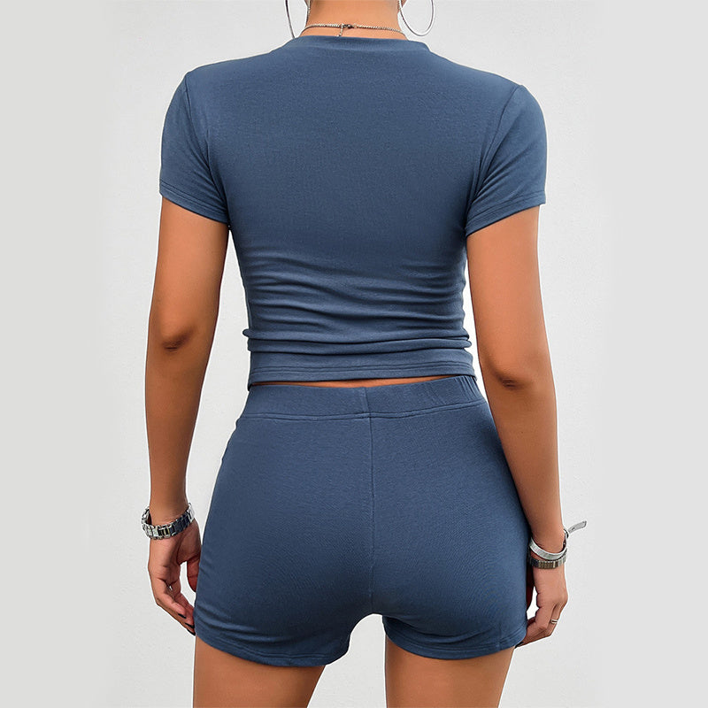 Women's Solid Color Slim Sports Suit Summer 2Pcs