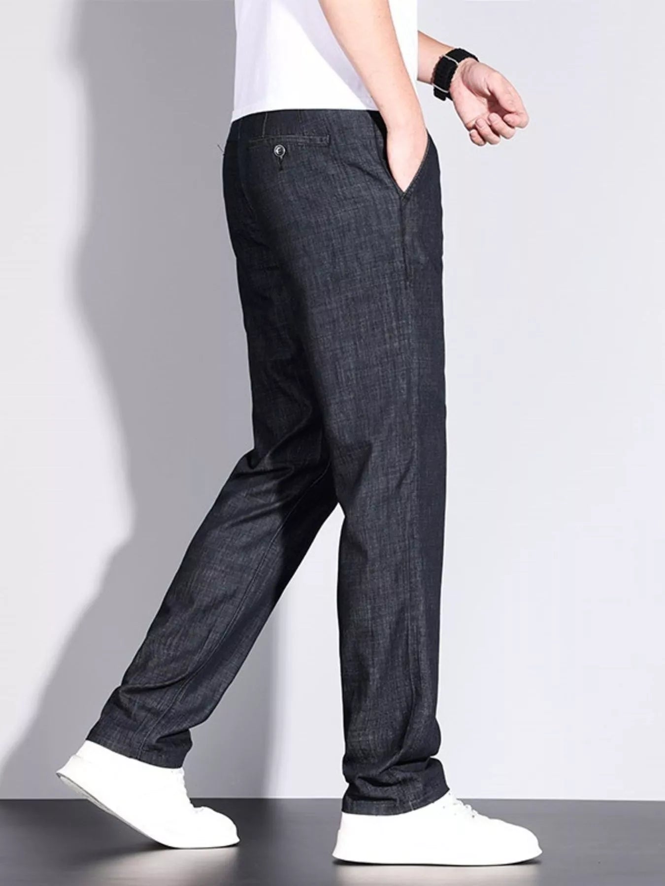 Men’s denim straight leg jeans side profile