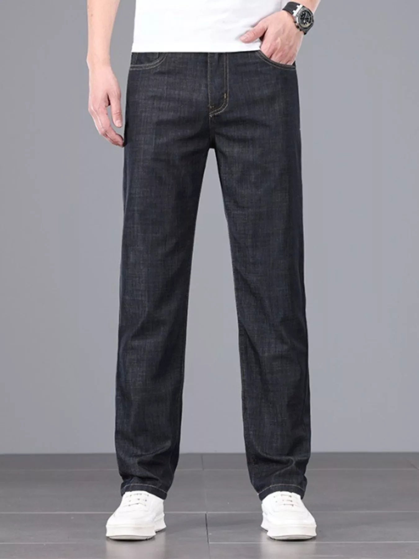 Comfortable men's straight leg jeans fabric close-up