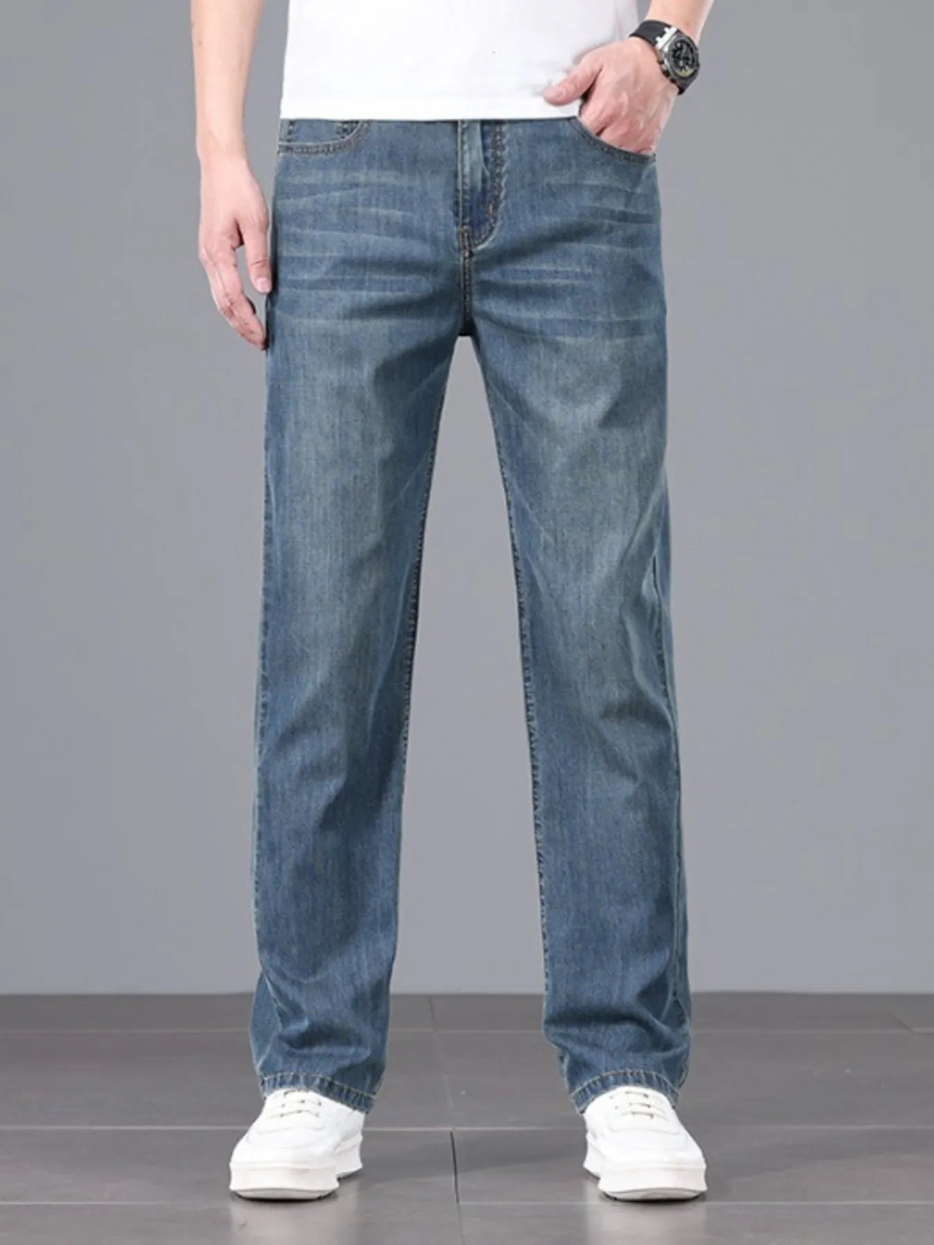 Men's straight fit wash jeans front view